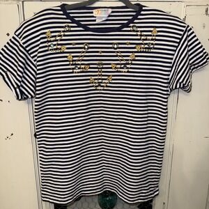 Vintage Navy Blue & White Embellished Gold Anchor Nautical Top Ladies Size L